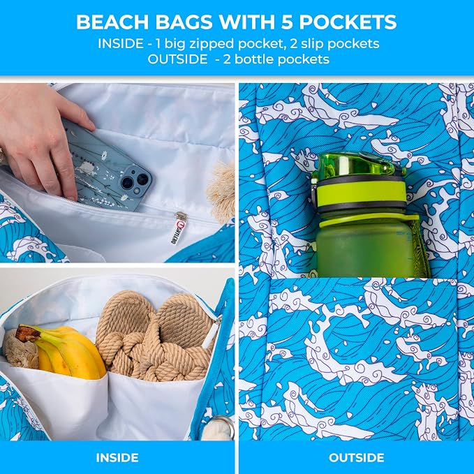 Beach Bag and Pool Bag Has Cooler Pocket, 7 Pockets Total, Zip Top. Family Size Waterproof Beach Tote - Image 6