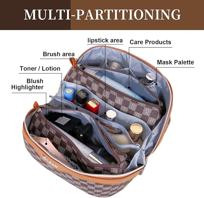 BOYATU Travel Makeup Bag Organizer Cosmetic Bag: 3 Pcs Set Make up Bags for Women with Handle - Waterproof Vegan Leather Toiletry Bags Travel Essentials Pouch with Compartments (H-01-Brown) - Image 2