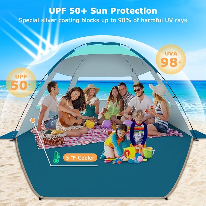 COMMOUDS Beach Tent Sun Shelter for 3/4/6/8 Person, UPF 50+ UV Protection Beach Shade Canopy Tent, Lightweight, Easy Set Up and Carry - Image 3