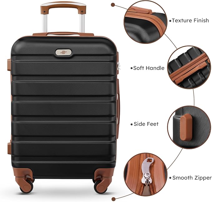 Suitour 4 Piece Luggage Sets, Hard Shell Suitcase Set with Spinner Wheels 16 20 24 28inch Travel Sets(Black Tan) - Image 3