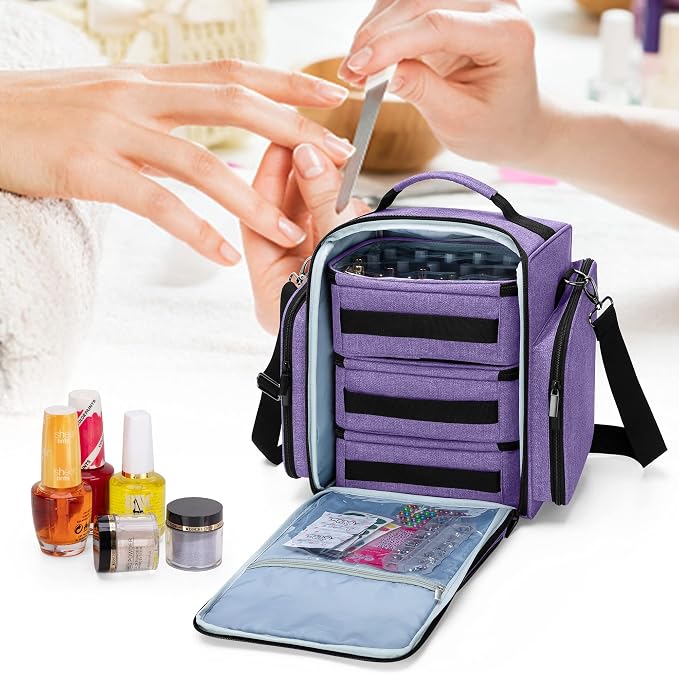BAFASO Nail Polish Organizer Holds 72 Bottles (15ml - 0.5 fl.oz), Purple | Large Nail Polish Case with 3 Removable Pouches and Multiple Storage Sections, Patented Design. - Image 7