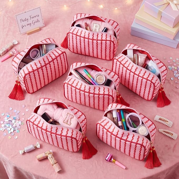 Kacctyen 6 Pack Raspberry Red and Light Pink Striped Makeup Bag bulk with Tassel Travel Cosmetic Pouch Organizer Large Zipper Toiletry Case for Women Aesthetic Storage Pouch Mahjong Tile Bag - Image 4