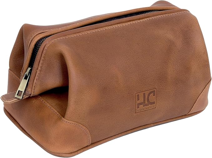 HLC Leather Toiletry Bag for Men Best Gift Premium Genuine Leather Dopp Kit Shaving Kit Organizer Travel Kit Pouch Bag for Men Large Size (TAN) by HLCLeather