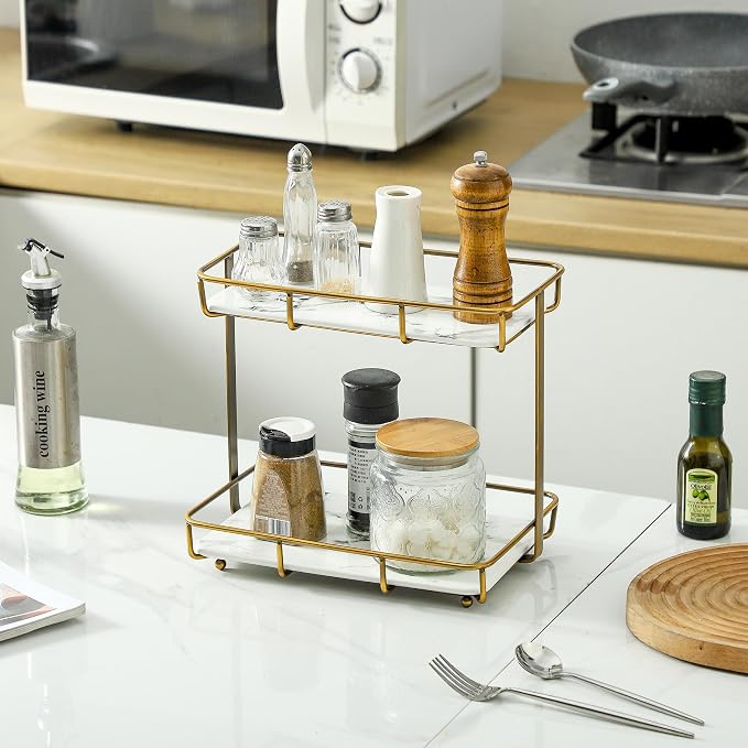 Bathroom Organizer Countertop Perfume Organizer Makeup Organizer Cosmetics Storage Display Rack Vanity Tray Dresser Stainless Steel Gold Shelf White Marble Ceramic Tray - Image 7