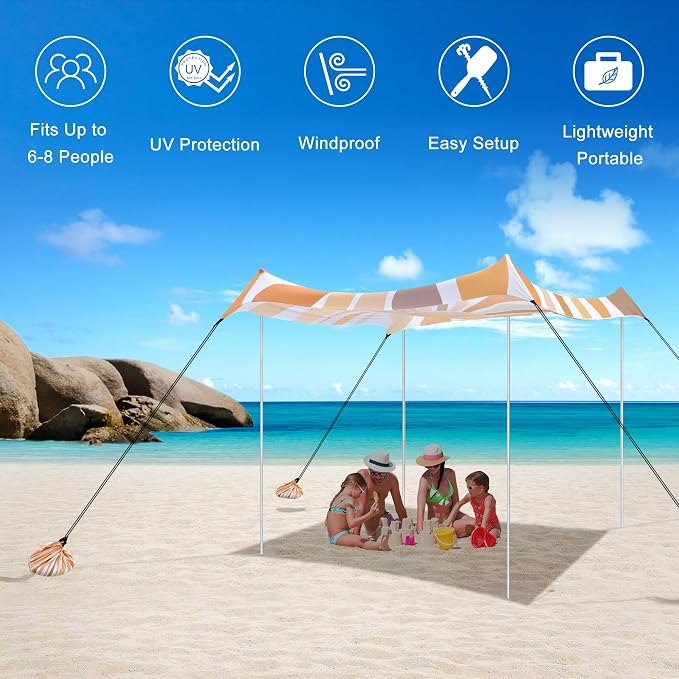 Beach Tent, UPF 50+ Beach Canopy Sun Shade, Portable 10×10 FT Large Pop-Up Beach Tent Sun Shelter with Sand Anchors, Ground Pegs, Easy Setup for Beach, Camping, Park, and Backyard Fun - Sunflower - Image 3