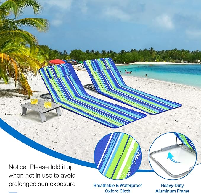 GYMAX Beach Chairs, Folding Tanning Lounge Chairs with Table Set, Adjustable Patio Floor Chair, Outdoor Sunbath Chair with Desk, Pillow & Storage Bag for Outside, Patio, Poolside (Blue Stripe) - Image 3