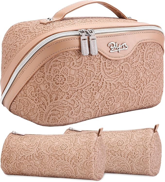 BOYATU Travel Makeup Bags Cosmetic Organizer Bag: 3-Set Large Capacity Make up Bag - PU Leather Toiletry Bags for Women - Wide Open Portable Pouch with Divider & Handle (A-Tan) by BOYATU