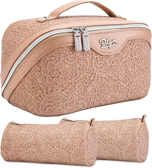 BOYATU Travel Makeup Bags Cosmetic Organizer Bag: 3-Set Large Capacity Make up Bag - PU Leather Toiletry Bags for Women - Wide Open Portable Pouch with Divider & Handle (A-Tan) by BOYATU