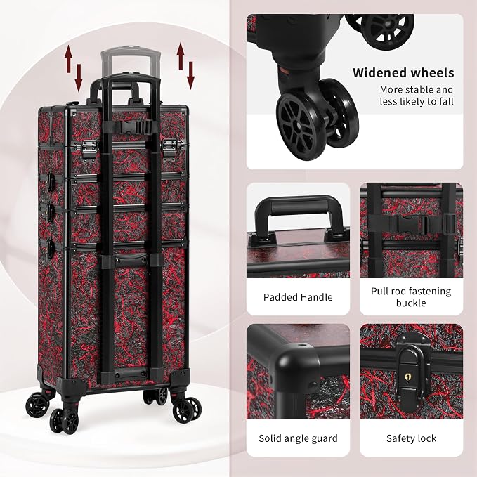 Rolling Makeup Train Case with Lid Cosmetology Case on Wheels | 5 in 1 Large Cosmetic Trolley Organizer Travel for Hairstylist Artist Nail Beauty Salon Barber Cart Trunk, Red - Image 5