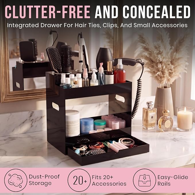 Hair Tool Organizer Countertop Extra Wide Bay | Bathroom & Hot Tools Organizer For Hair | Hairdryer Holder For Bathroom Vanity | Hot Tools Storage for Curling Iron Straightener, 3 Stainless Cups Black - Image 6