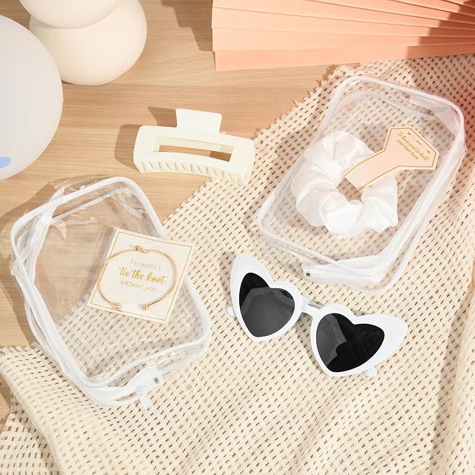 DEEKA 30 Pcs Bridesmaid Proposal Bag Set Gift Clear Makeup Toiletry Bag Bachelorette Party Favors Sunglasses Hair Claw Clips Scrunchies Knot Bracelets Bridal Wedding Party Gifts (White) - Image 8