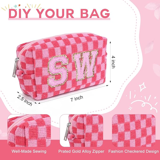 SOIDRAM 12PCS Checkered Makeup Bag Preppy Cosmetic Bag Bulk Hot Pink Makeup Pouch Personalize Travel Toiletry Bag Organizer Cute DIY Makeup Brushes Storage Bag for Women - Image 3
