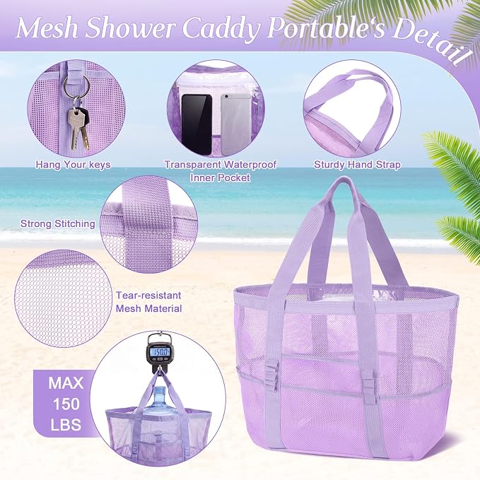 Hillban Large Beach Mesh Bags Bulk for Women Beach Tote Bag with 8 Pocket Zipper Waterproof Sandproof for Pool Cruise Ship - Image 3