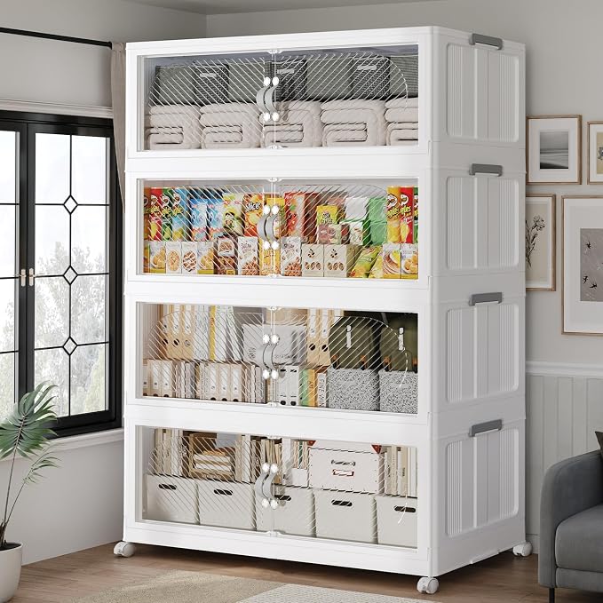 160Gal/640QT 4-Tiers Extra Large Stackable Storage Bins with Lid, Collapsible Cabinet Closet Organizer Plastic Container Box with Wheels Doors Drawers for Office Dorm Kitchen, White by Unknown