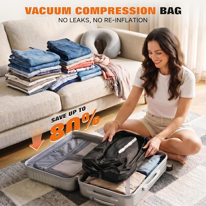 Vacuum Travel Bags With 5500Pa Wired Pump, Vacuum Luggage Bags for Clothes, Compression Bags for Travel, IP68 Waterproof Space Saver Packing Cubes for Suitcase, Backpack & Home Storage (2 Pack + Pump) - Image 2