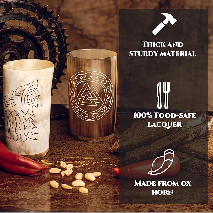 Viking Drinking Horn Mugs Set of 4, beer stein set, Natural Ox Horn Shot Glasses | 10 oz Cool Unique Tumbler, Beer Gift for Men and Women, Handmade Goblet| Medieval Stein for Ale, Mead