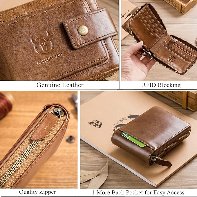 BULLCAPTAIN Genuine Leather Wallet for Men Large Capacity ID Window Card Case with Zip Coin Pocket QB-231 (Brown)
