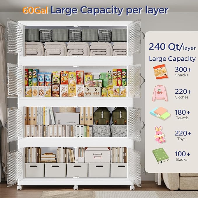 300Gal/1200QT 5-Tiers Extra Large Stackable Storage Bins with Lid, Collapsible Cabinet Closet Organizer Plastic Container Box with Wheels Doors Drawers for Office Dorm Kitchen, White - Image 3