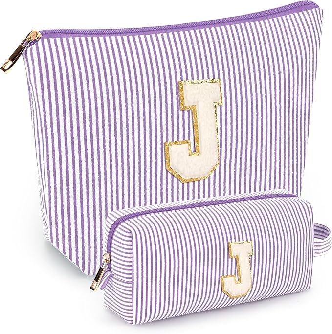 2 PCS Initial Makeup Bags for Women: Cosmetic Bag for Travel Toiletry - Birthday Gifts for 11 12 13 14 15 16 17 18 Years Old Girl Graduation Teacher Gift- Teen Girl Gifts Trendy Stuff - Purple J