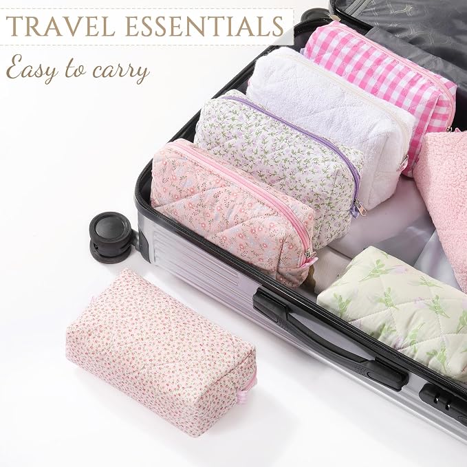 Paterr 10 Pcs Quilted Makeup Bag Bulk Cotton Floral Cosmetic Bag Women Girls Bridesmaid Gifts Cute Makeup Pouch Coquette Aesthetic Travel Toiletry Organizer(Purple Floral,7.87 x 4.72 x 3.15 Inches) - Image 5