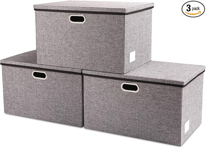 PRANDOM Extra Large Collapsible Storage Bins with Lids [3-Pack] Linen Fabric Foldable Storage Baskets Boxes Organizer Containers Cube with Cover for Bedroom Closet Office Nursery (22.8x15.75x13.8) by Prandom