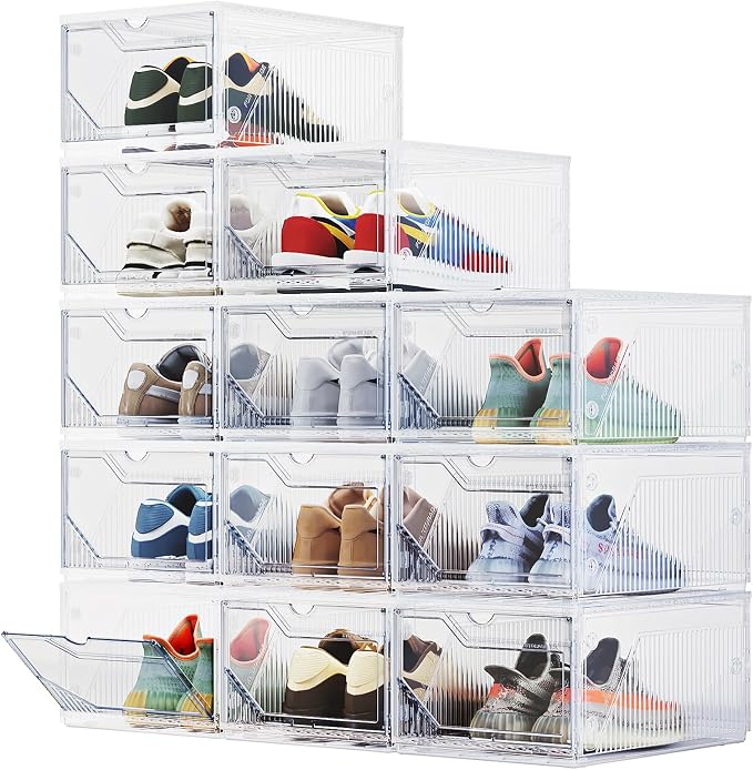 XX-Large Shoe Sneaker Storage Boxes for Size 14, Stackable & Thicken Clear Plastic Shoe Organizers 12 Packs for Entryway Closet Under Bed, Shoe Storage Cabinets Container Display Case w/ Magnetic Door by BROVIEW-EnjoytheArtofLife