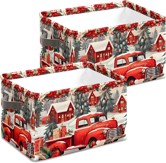 Red Christmas Truck Basket, Foldable Fabric Storage Bin, 14 x 10 x 8, 20L - Image 4