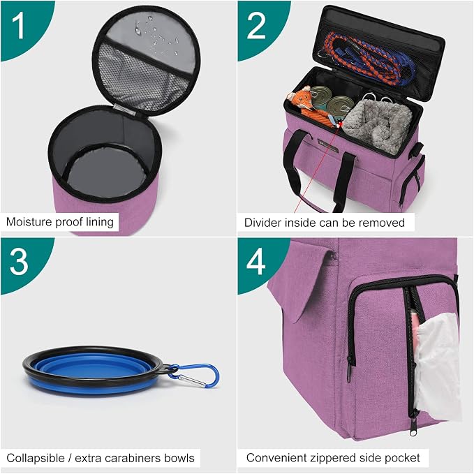 Modoker Dog Travel Bag with 2 Food Bags, 2 Bowls and 1 Mat (Pink) | Roomy Main Compartment | Multiple Functional Pockets | Water-Resistant Oxford Fabric | PVC Backing | Leak-Resistant Lining - Image 4