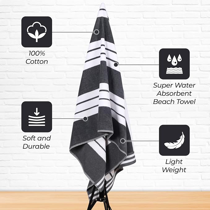 Superior Oversized Cotton Beach Towel Set of 2, Absorbent Towels For Bathroom, Beach, Pool, Swim, Adults, Kids, Vacation, Travel, Bath Sheet, Quick Dry Basics, Trip Essentials, Striped Decor, Charcoal - Image 5