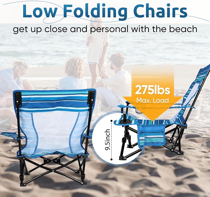 HaSteeL Folding Beach Chair Set of 2, Foldable Striped Camping Chairs for Outside, Low Beach Chair Portable for Adults Fishing, Picnic, Outdoor BBQ, Travel, Sports, Cup Holder & Storage Bag - Image 7
