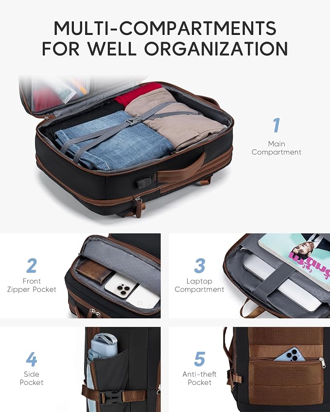 17x13x9 Personal Item Bag Travel Backpack for Men Women | 43x33x22cm Travel Bag Expandable with USB Charging Port 180°Full Open Access Laptop Backpack ,White - Image 3