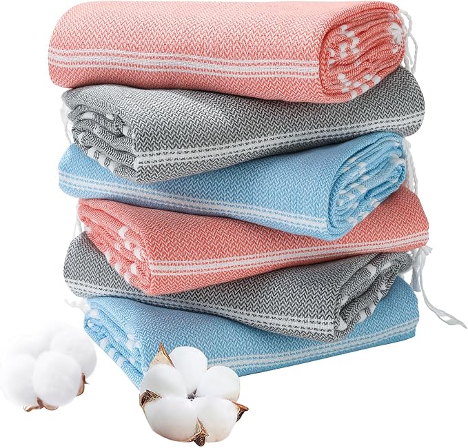 Genovega 6 Packs Oversized Turkish Beach Bath Towel Set Bulk 74"x38" Extra Large Sand Free Quick Dry Swim Camping Pool Clearance Towels Travel Blanket Adult Essentials Light Blue Grey Coral Stripe by genovega