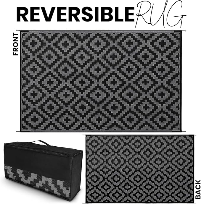 Outdoor Rugs, Outdoor Plastic Straw Rug, Reversible Waterproof Carpet for Camping, Poolside, Garden, BBQ Area, Gazebo Flooring, RV Park & Beach, Square Pattern, Black & Light Gray, 5'x8' - Image 2