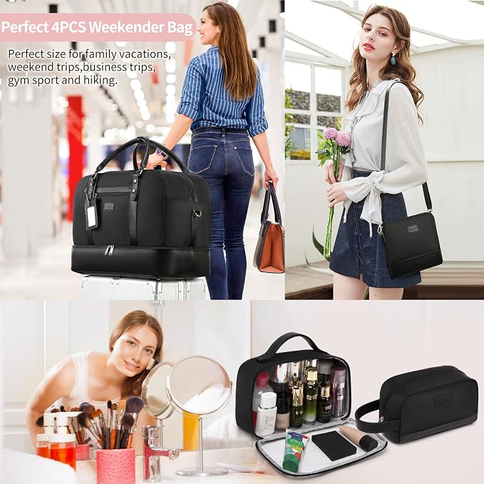 Wogarl 4PCS Weekender Bags for Women Large Overnight Weekend Travel Duffel Carry on Shoulder with Shoe Compartment Canvas Toiletry Bag for Travel Business Gym - Image 2