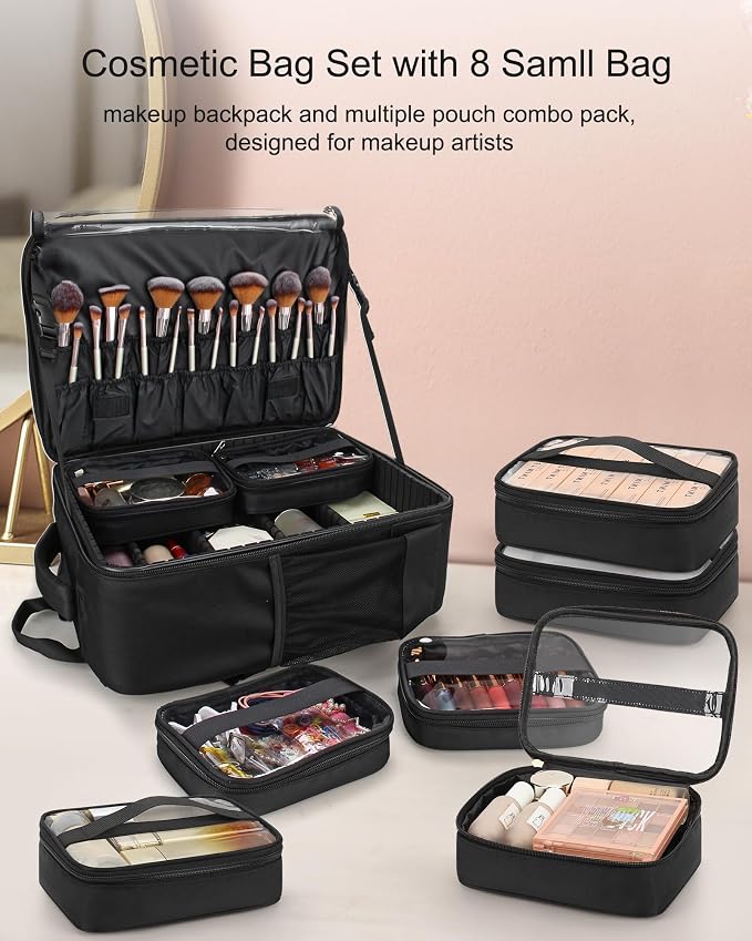 TANTO Makeup Backpack Professional Cosmetic Artist Bag Extra Large Travel Train Case Storage Organizer Double-Layer Cosmetic Case with 8 Pouch &Adjustable Divider (Black) - Image 5