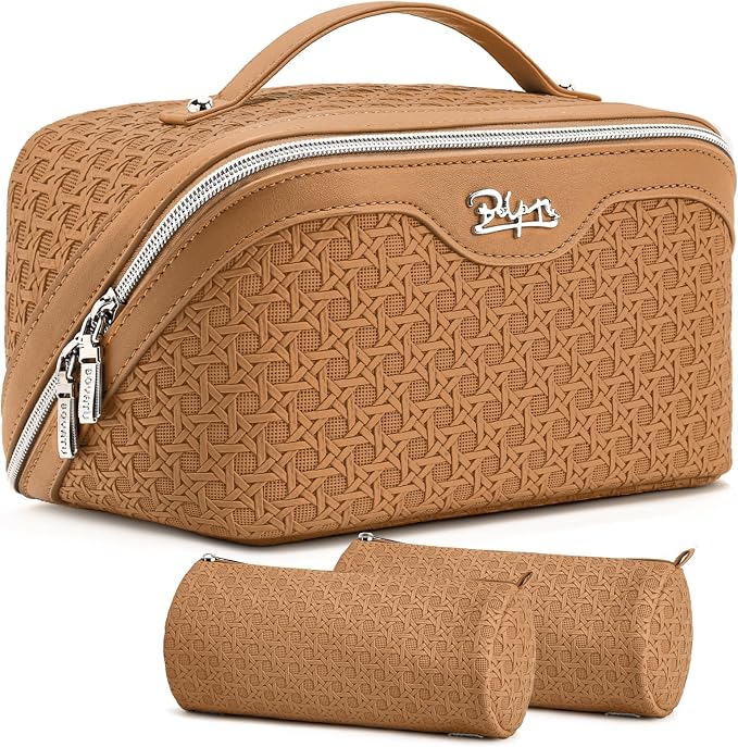 BOYATU Travel Makeup Bag Cosmetic Bags for Women: Large Capacity 3 Pcs Set Make up Bag with Compartments - Waterproof Vegan Leather Toiletry Organizer Bags with Handle (M-74Yellow Brown) by BOYATU