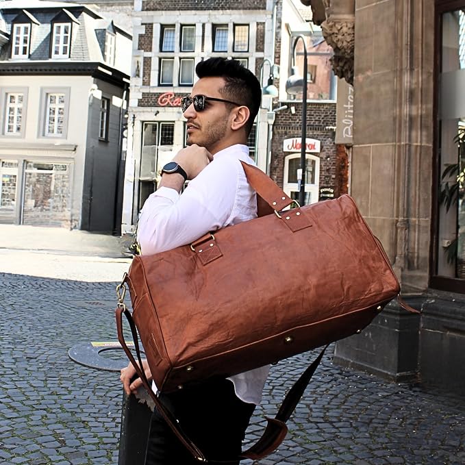 Leather Duffle Bag for Men & Women, 46L Overnight Weekender Garment Duffel Bags for Travel, Carry On Mens Weekend Bag for Traveling, Gym - 23 Inch, Brown (Tan) - Image 2