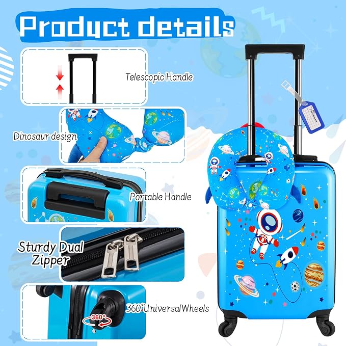 Sanwuta 4 Pcs Kids Luggage Set Back to School Gifts for Girls Boys Carry On Rolling Suitcase Backpack Neck Pillow Travel Set(18 Inch,Astronaut Style,Blue) - Image 4