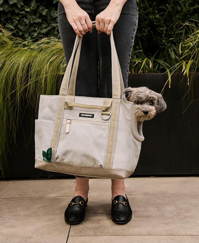 Cleverpup Transit Tote Dog Carrier for Small Dogs Under 8 lbs, 16x11x8 Soft-Sided 4-Pc Set with Waterproof Base, Plush Insert, Food Pouch, Mesh Head Opening - Small, Sand - Image 5
