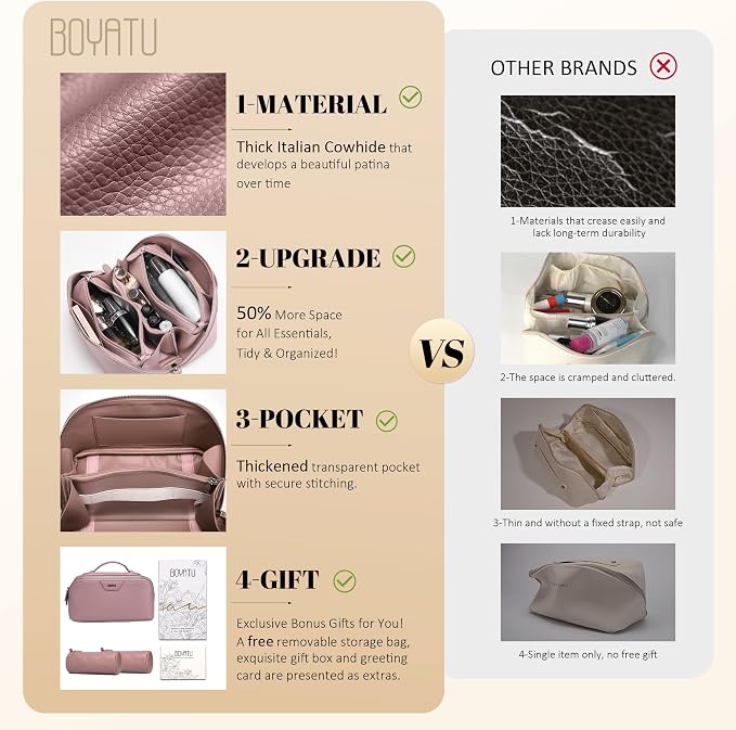 BOYATU Genuine Leather Makeup Bag: 3 Pcs Set Luxury Birthday Gifts for Women - Large Capacity Toiletry Organizer for Elegance - Travel Essentials Gift for Teacher Mothers Girlfriend Wife(05Pink) - Image 6