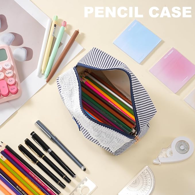 Makeup Bag Travel Toiletry Bag for Women, Small Cosmetic Bags with Lace Trim Cute Navy Stripe Aesthetic Organizer Makeup Pouch for Purse Emergency Bag Pencil Case Accessory Bag - Image 6