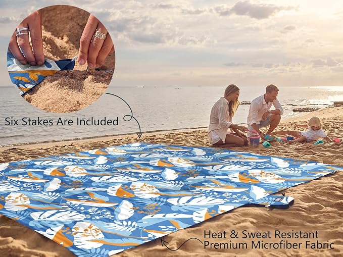 WEKAPO Beach Blanket Waterproof Sandproof Oversized, Extra Large Beach Mat Sand Free, Lightweight & Compact Sand Free Mat with 5 Stakes & 4 Corner Pockets - Image 6