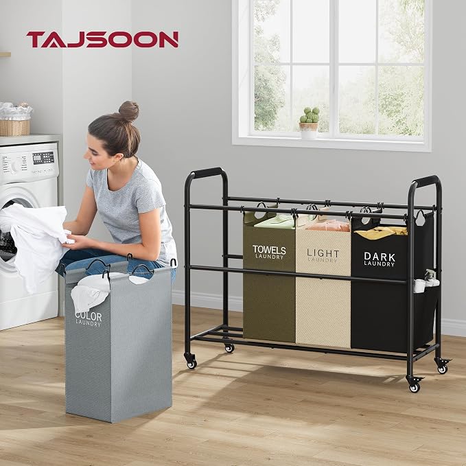 Tajsoon 4 Bag Laundry Sorter Cart, 4 Section Laundry Hamper Sorter with Heavy Duty Lockable Rolling Wheels, Laundry Separator Hamper with Removable Bags for Dirty Clothes Storage, 4 Colors - Image 2