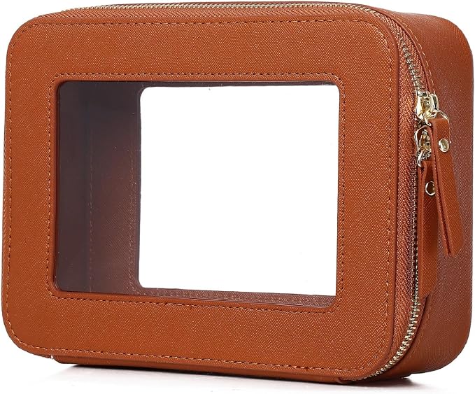 Clear Makeup Bag Women's Waterproof Travel Cosmetic Case and Toiletry Bag Portable Makeup Organizer Bag for Car with Zipper (Brown, M) by LOFOWN