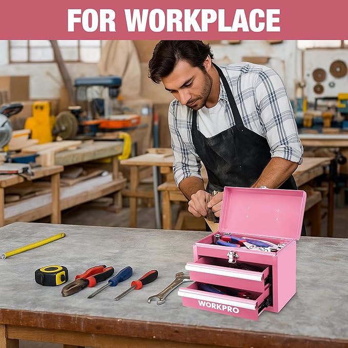 WORKPRO Portable Mini Metal Tool Box with 2 Drawers | Metal Tool Chest, Ball Bearing Slides, Top Storage, Latch Handle, PVC Drawer Liners, PP Feet Pads - Image 6