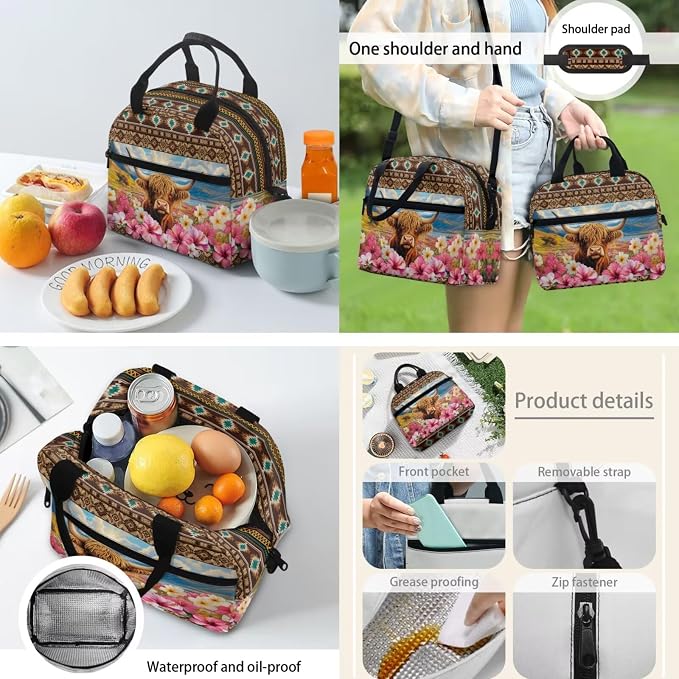 4 in 1 School Backpack for Teens of Thermal Lunch Box Pencil Box Water Bottle Holder, Cattle Floral Lightweight School Book Bag, Kids Teens Daypack Everyday Pack for School and Daycare - Image 4