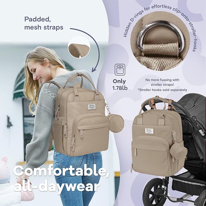 RUVALINO Diaper Bag Backpack-Multifunction Baby Travel Bag with Changing pad, Insulated Bottle Holders & Pacifier Case, Large Capacity, Waterproof, Clay - Image 5