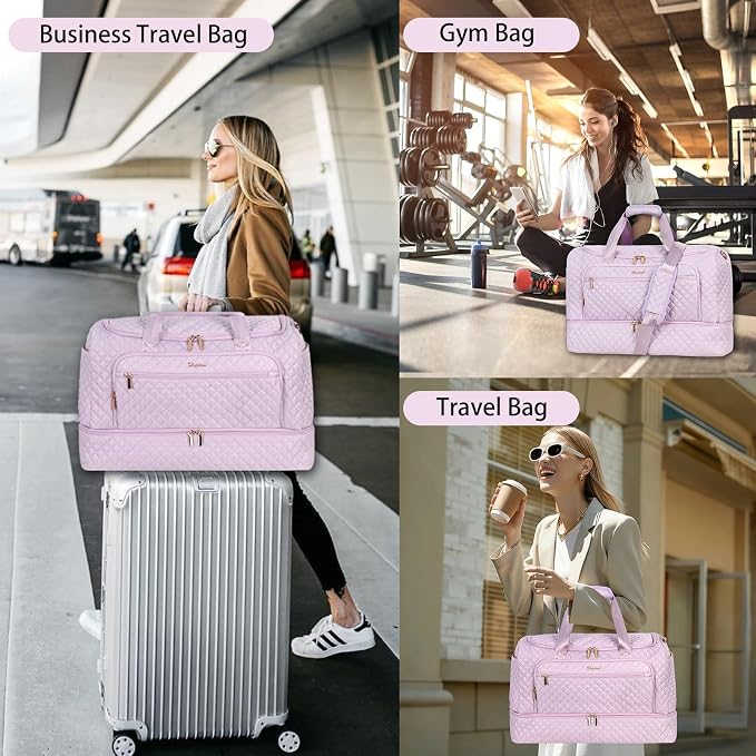 Wogarl 3PCS Weekender Bags for Women Large Overnight Bag Weekend Travel Duffel Bag Carry on Shoulder with Shoe Compartment Canvas Toiletry Bag for Travel Business Gym,Pastel Pink - Image 6