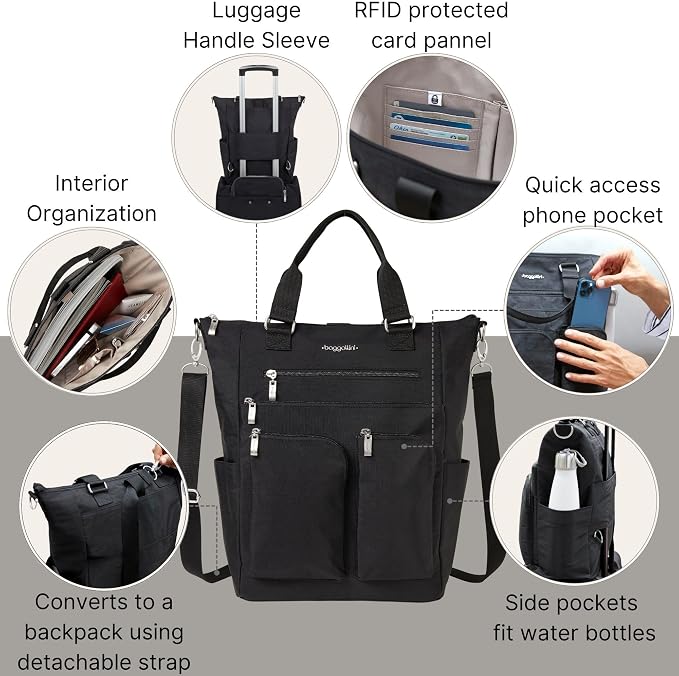 Baggallini All Set 3 in 1 Tote Backpack - 15"x10.5" Lightweight Travel Bag w/RFID Phone Wristlet - Image 5