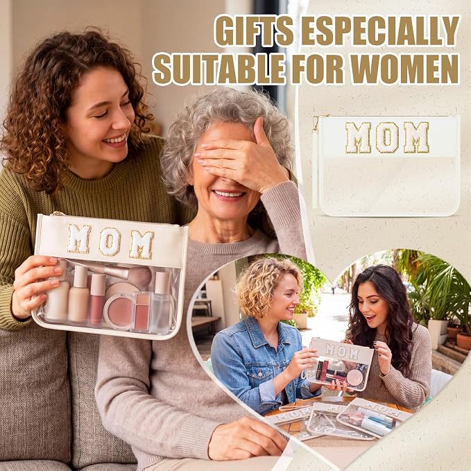 6 Pcs Mom Cosmetic Bags, Clear Chenille Letter Mama Makeup Bag, Beige Gift Bags Travel Toiletry Pack, Preppy Waterproof Stuff Pouch for Women - Image 4